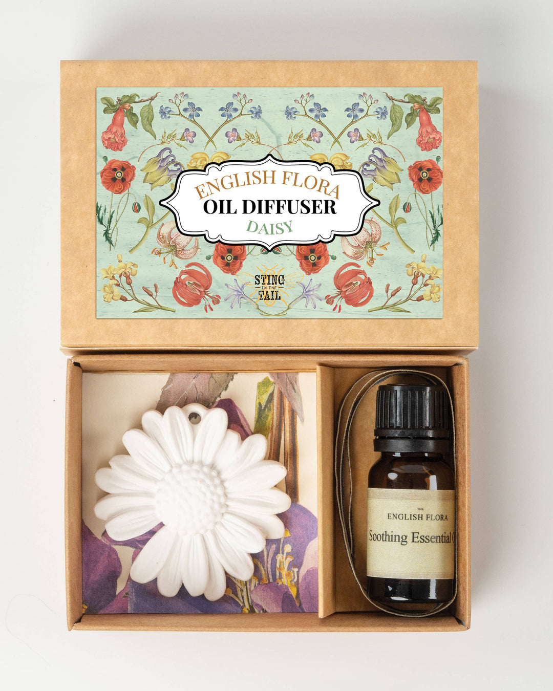 English Flora oil diffuser set with floral design on packaging