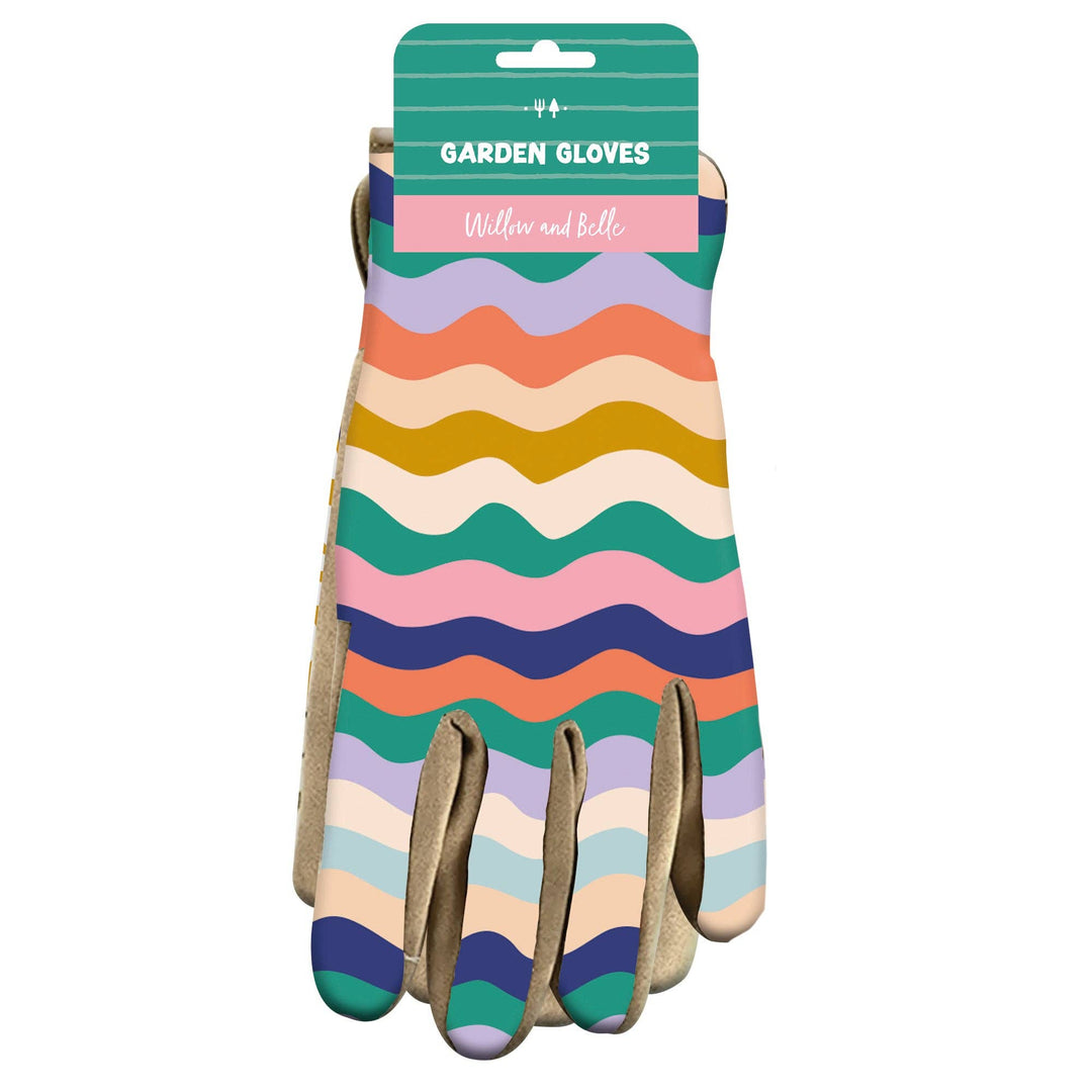 Pair of colorful garden gloves with a pattern on a white background