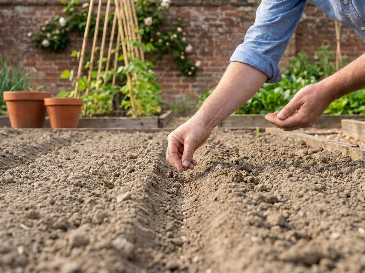 Hands sowing lettuce seeds into dry soil in a British garden, Norman and Vera