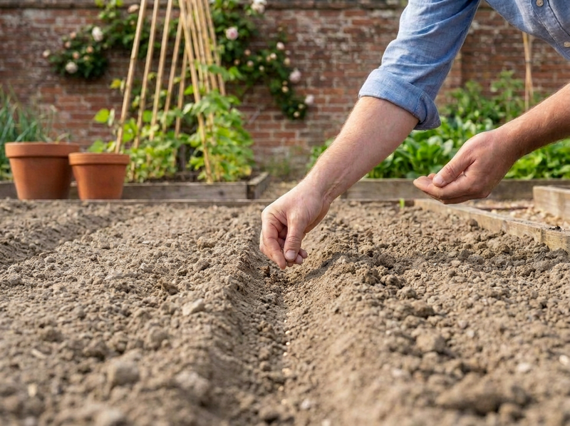 Hands sowing lettuce seeds into dry soil in a British garden, Norman and Vera