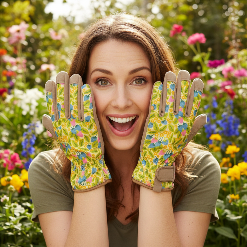 Excited woman look to camera showing the gift of gardening gloves she has received