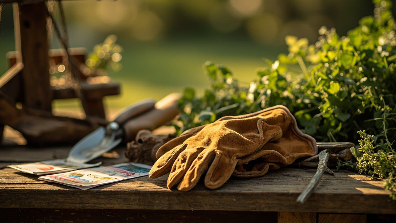gardening gloves and tools on rustic bench in soft morning light