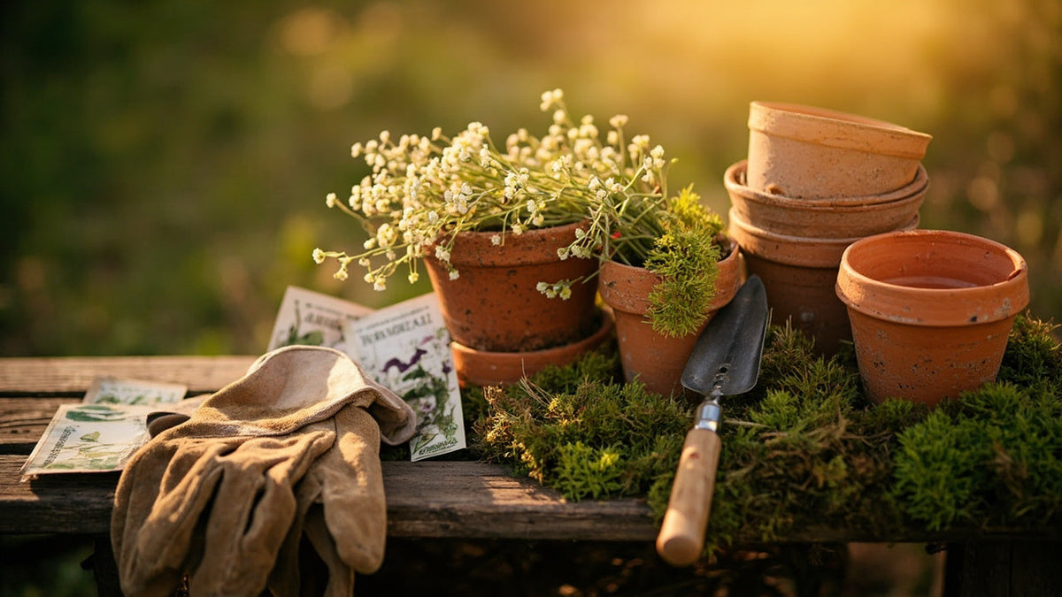 gardening gloves and tools on rustic potting bench in warm sunlight