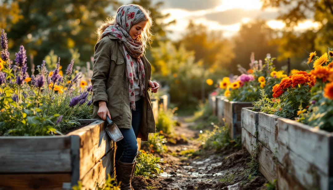 Woman gardener wearing a floral scarf in a garden on a breezy morning
