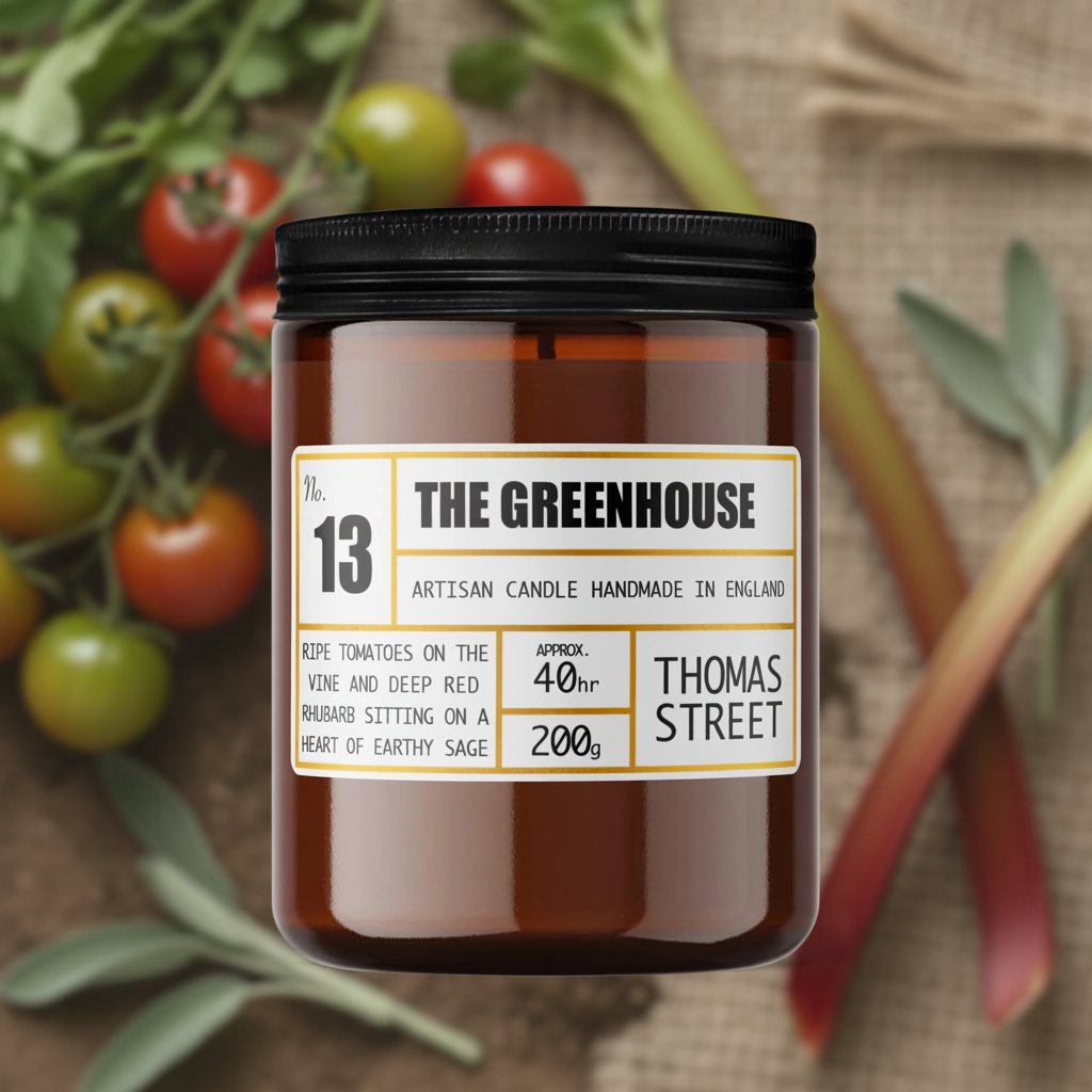 Thomas Street The Greenhouse artisan soy candle in a brown glass jar, Norman and Vera