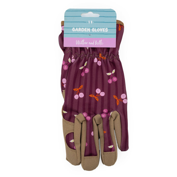 Willow & Belle Cherries Design Burgundy Pink Women's One Size Gardening Gloves