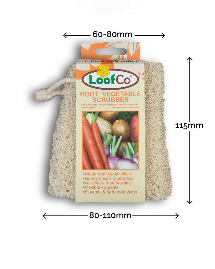 LoofCo root vegetable scrubber with packaging showing dimensions on a white background