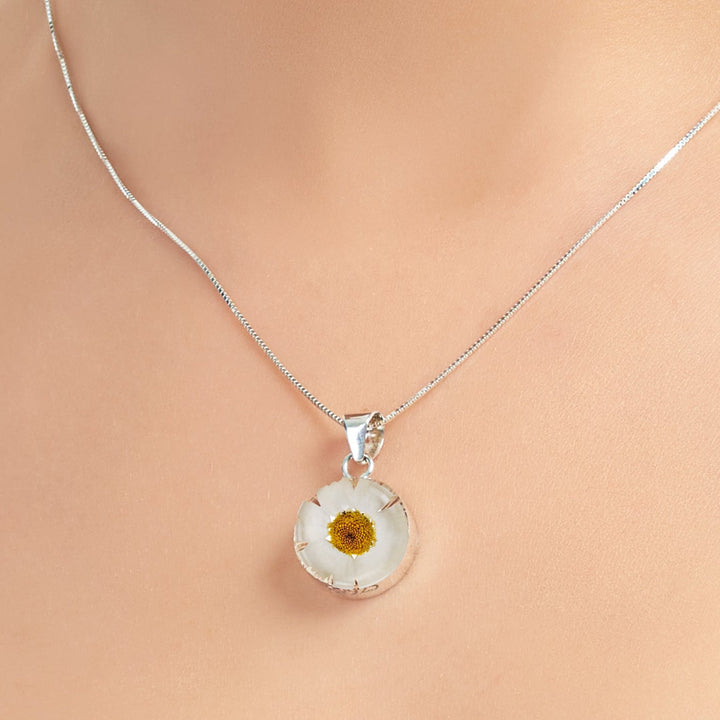 Shrieking Violet® Sterling Silver Real Daisy Round Pendant Necklace