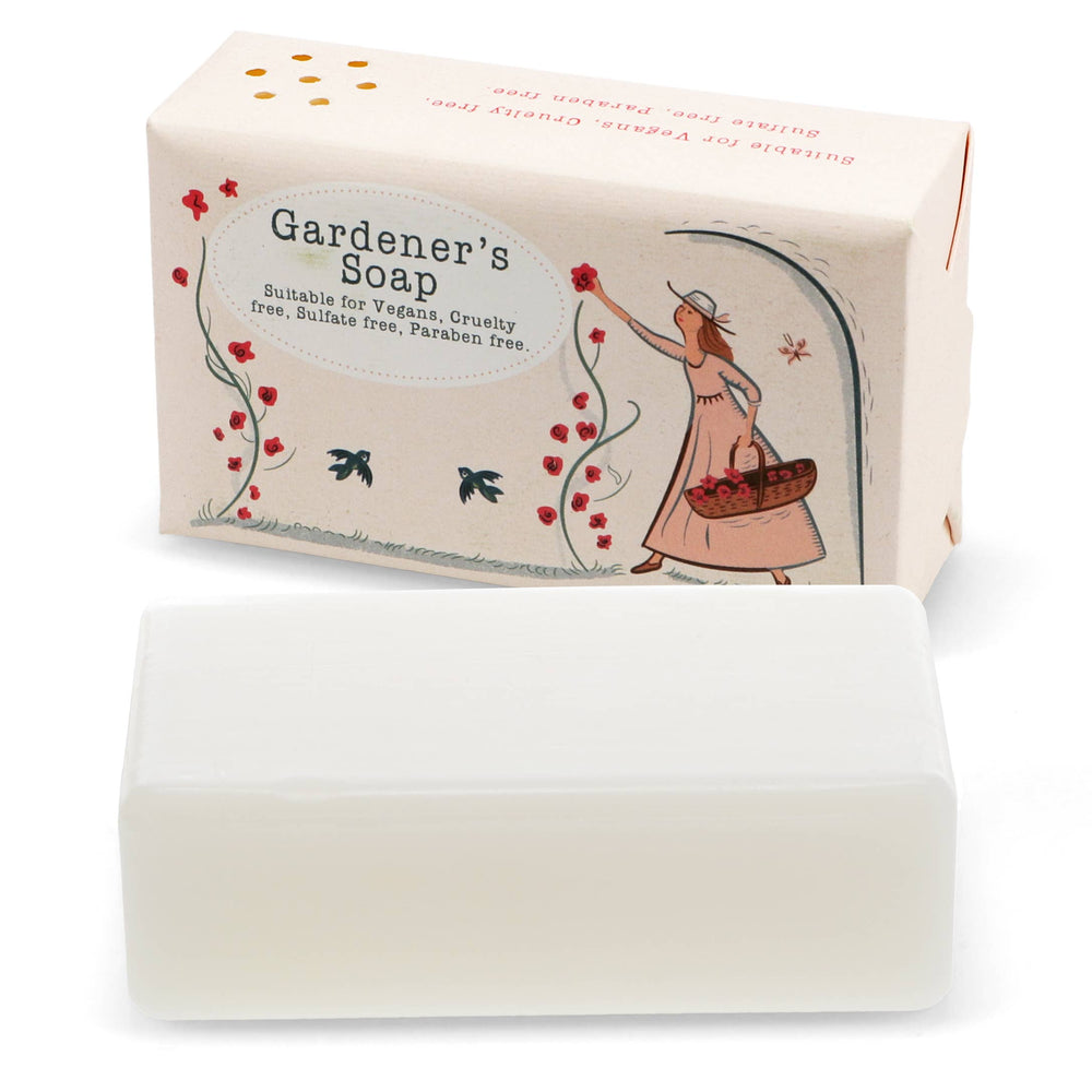 Bar of soap with a decorative box featuring a illustration of a gardener.