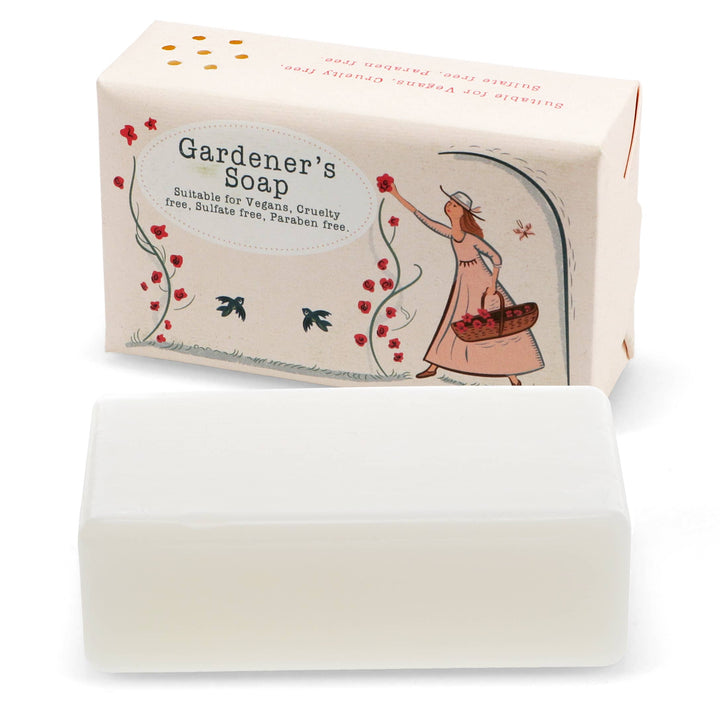 Bar of soap with a decorative box featuring a illustration of a gardener.