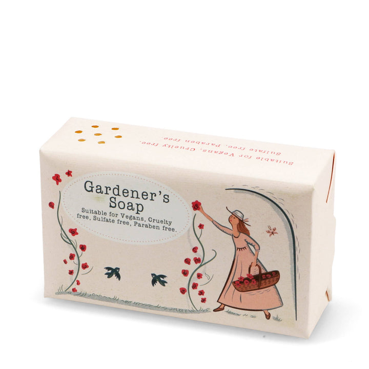 Gardener's Soap with a illustration of a woman holding flowers on a white background