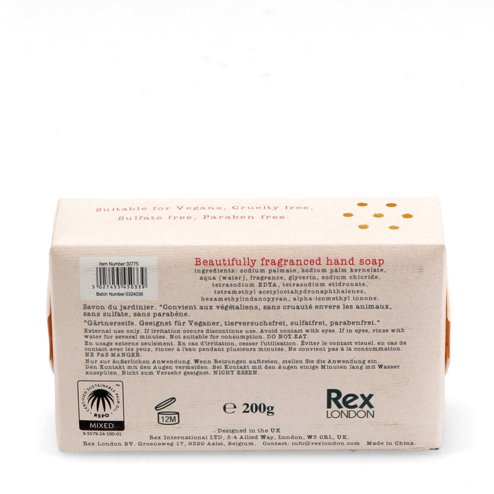 Back of a Rex London soap bar with text and branding on a white background