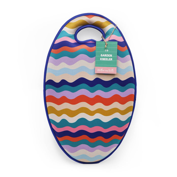 Colorful wavy-patterned garden kneeler with a tag on a white background