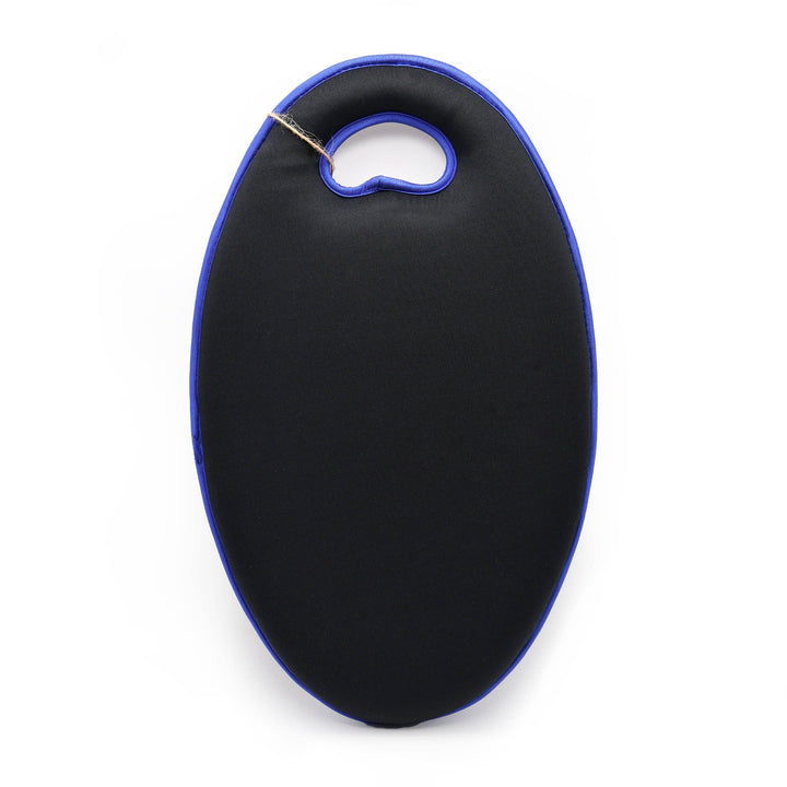 Black oval-shaped product with blue rim on a white background