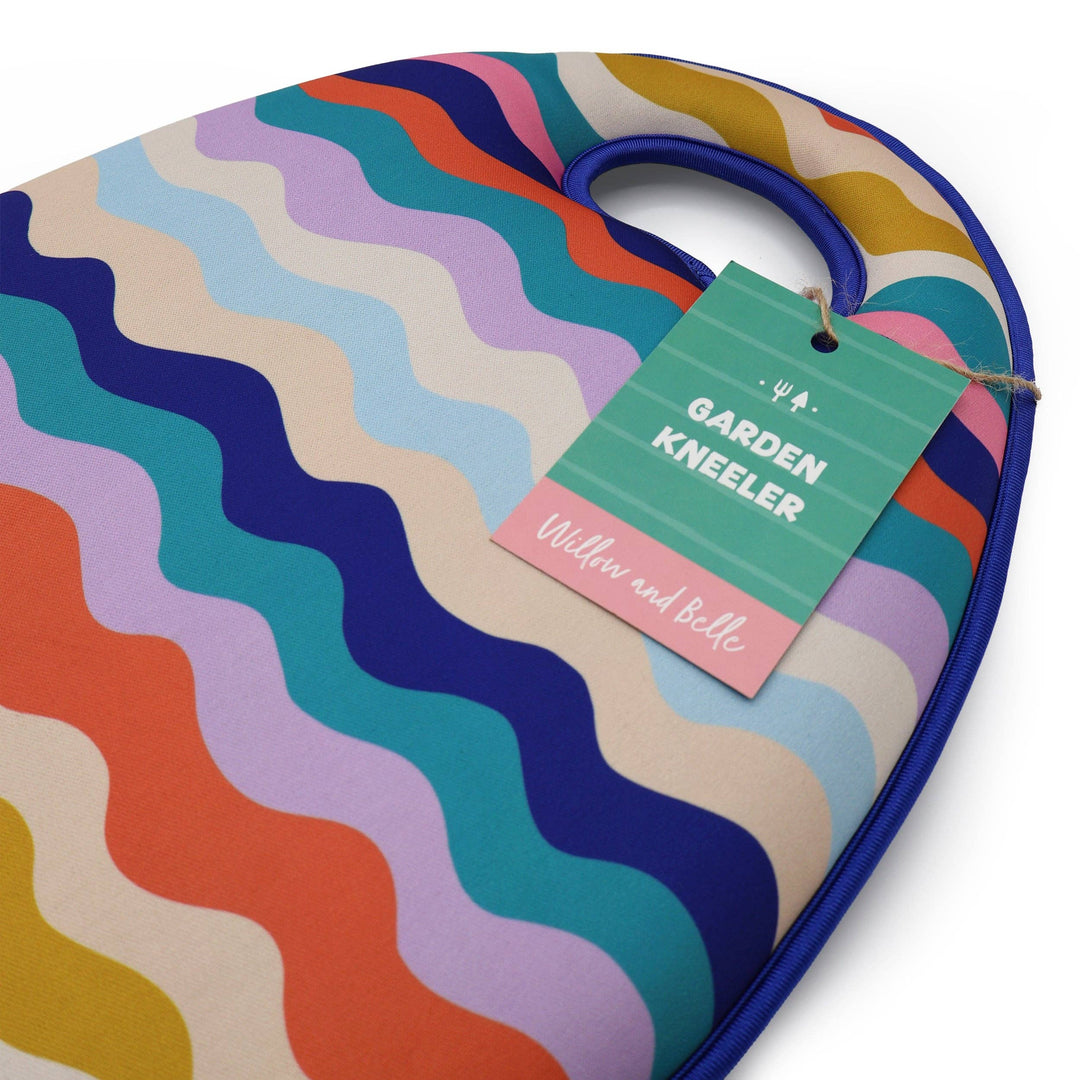 Colorful wavy-patterned garden kneeler with a brand tag on a white background