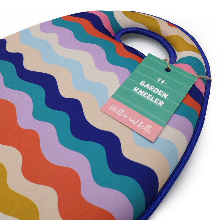 Colorful wavy-patterned garden kneeler with a brand tag on a white background