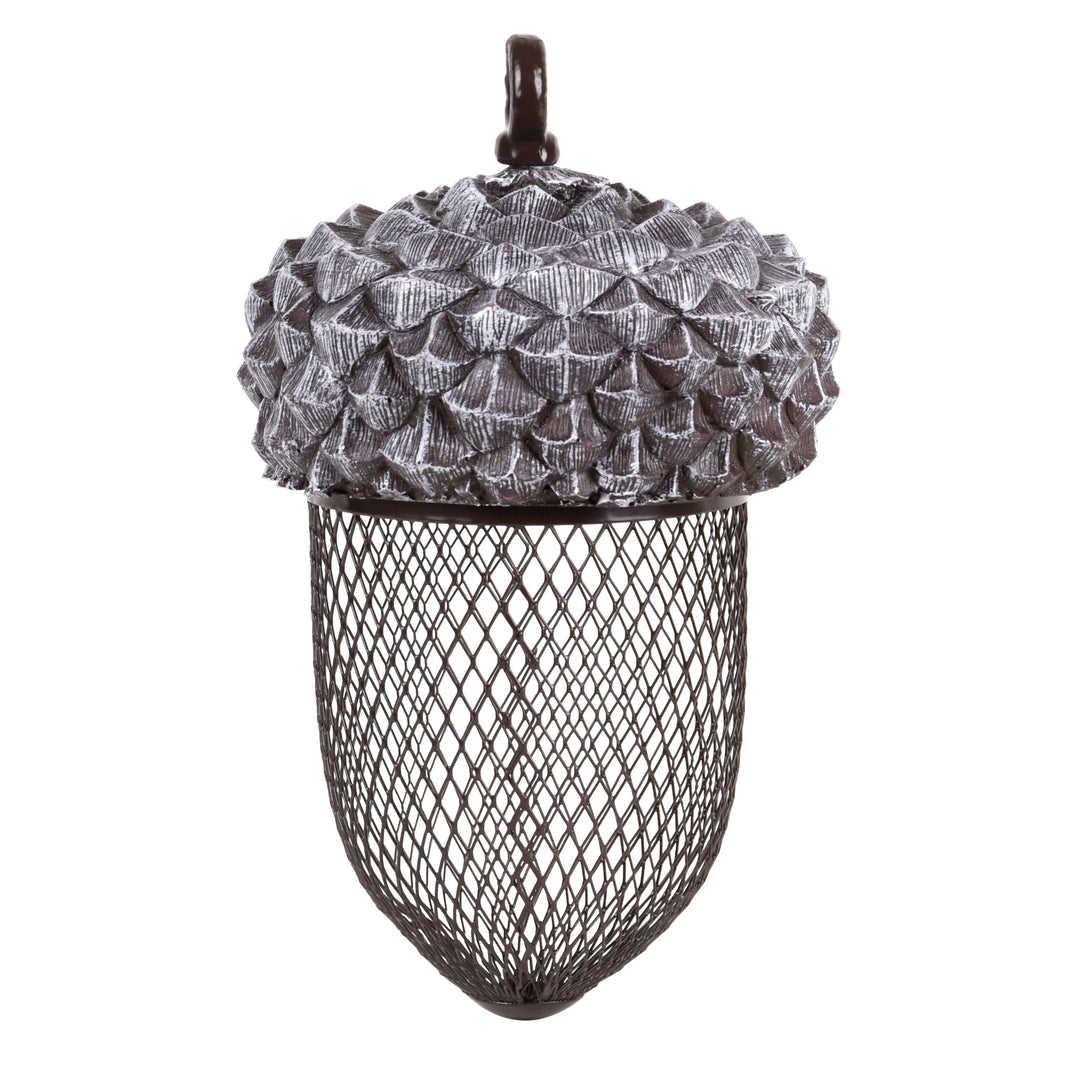 Decorative acorn-shaped object with textured top and wire mesh body on a white background