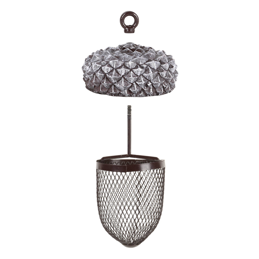 Decorative hanging lamp with textured top and mesh base on a white background