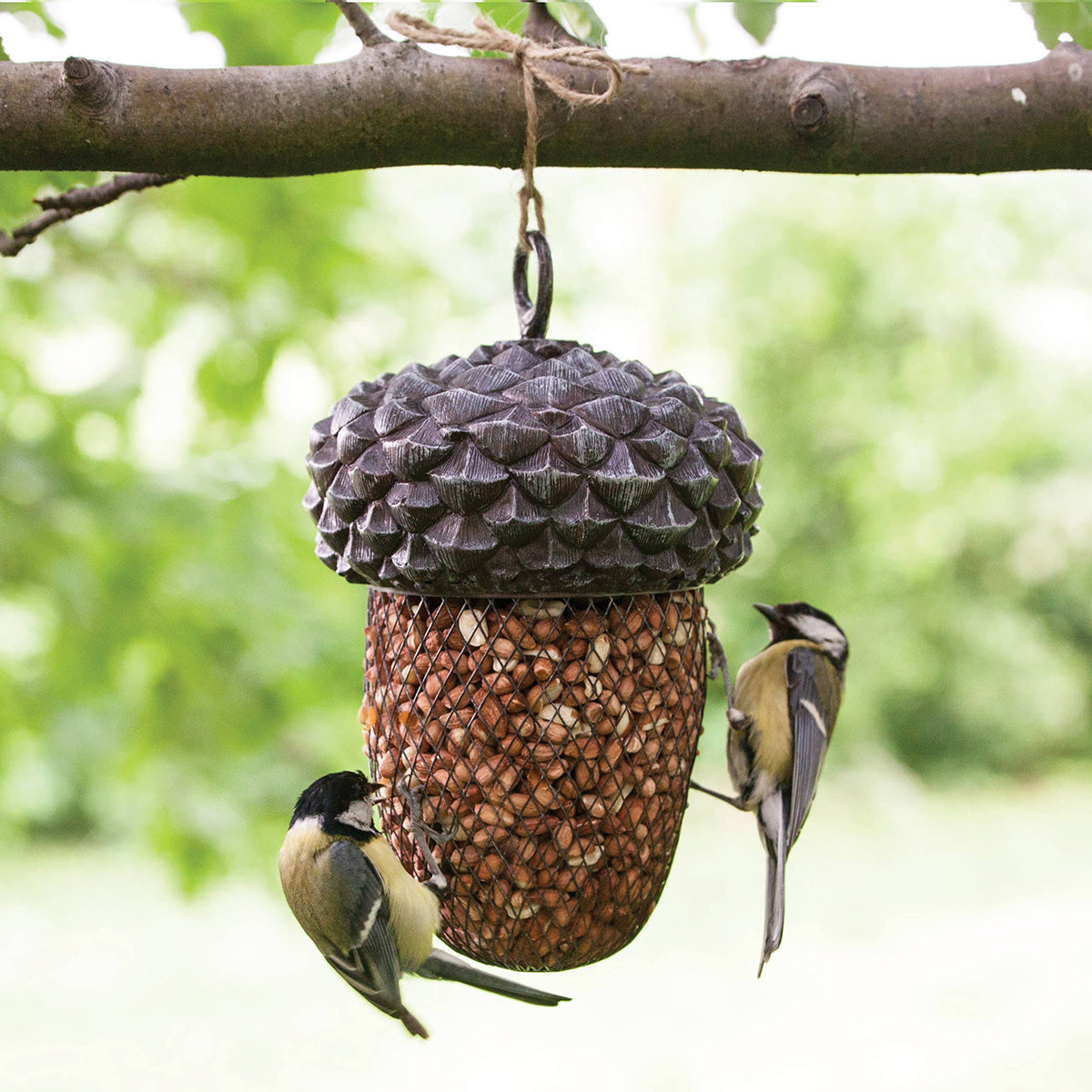 Pine cone-shaped bird feeder with birds perched on it against a blurred green background