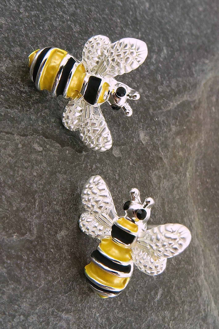 Alexander Thurlow Enamelled Bumble Bee Silver Tone Stud Earrings