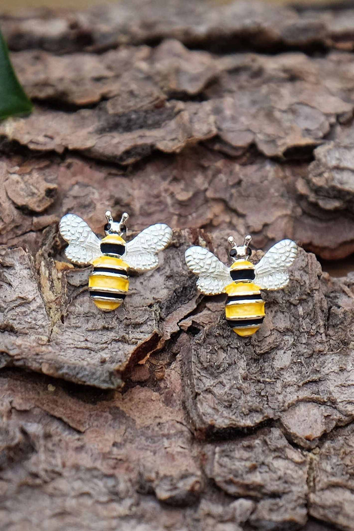 Alexander Thurlow Enamelled Bumble Bee Silver Tone Stud Earrings