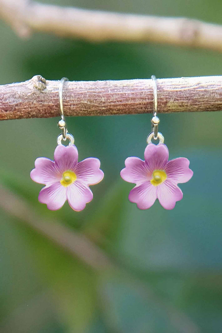 Alexander Thurlow Pink Enamelled Primrose Flower Rhodium Plated Drop Hook Earrings