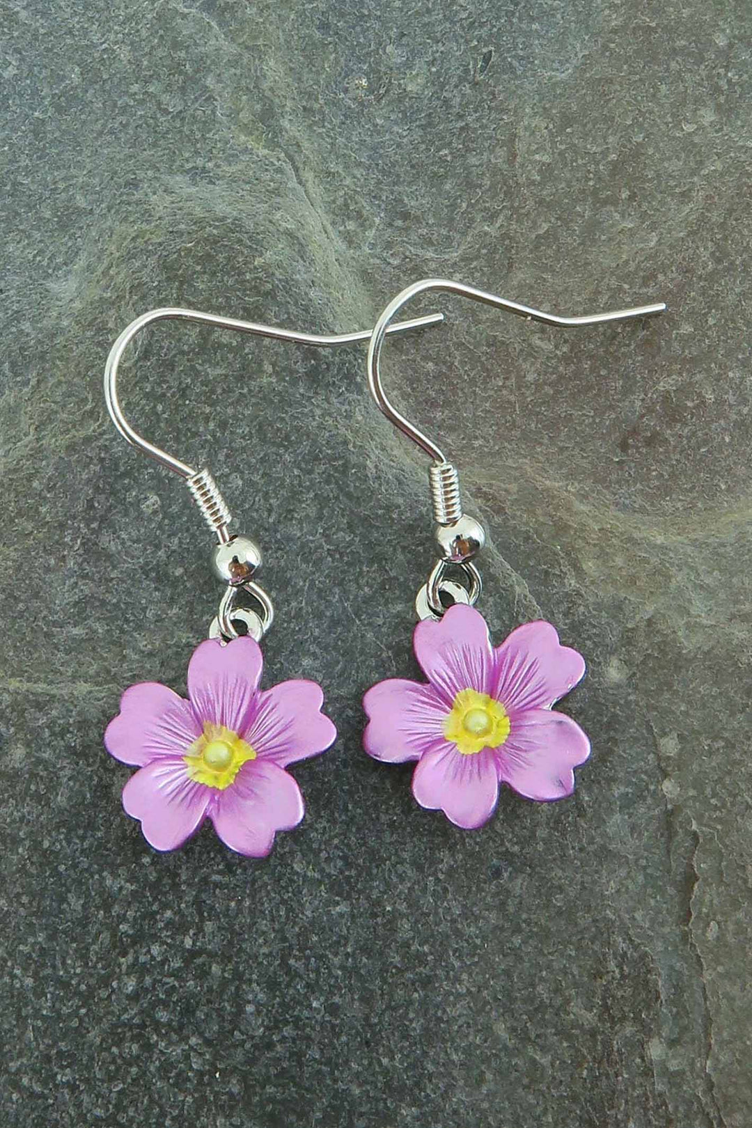 Alexander Thurlow Pink Enamelled Primrose Flower Rhodium Plated Drop Hook Earrings