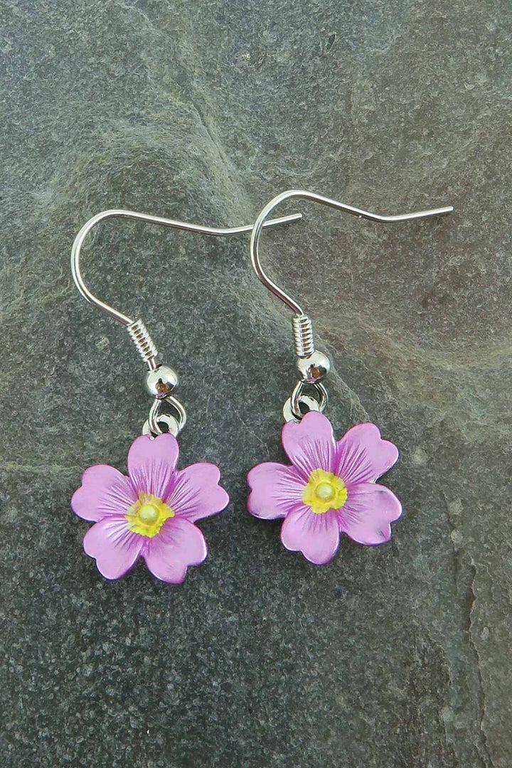 Alexander Thurlow Pink Enamelled Primrose Flower Rhodium Plated Drop Hook Earrings