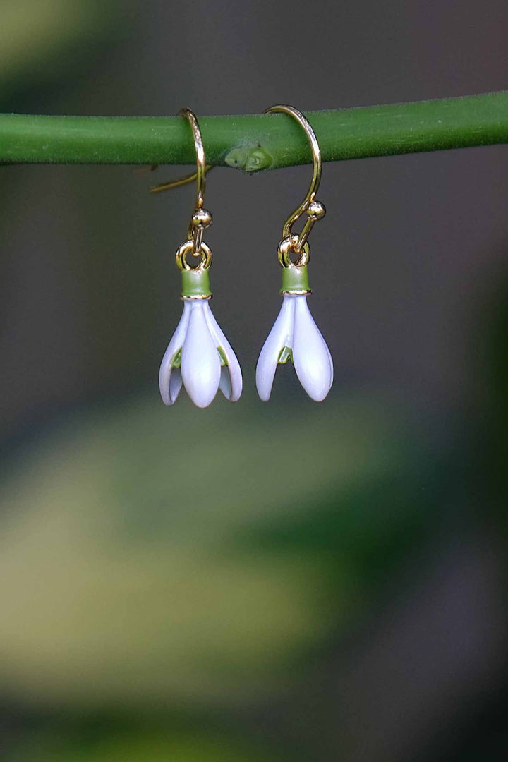 Alexander Thurlow White Enamelled Snowdrop Flower Drop Hook Earrings