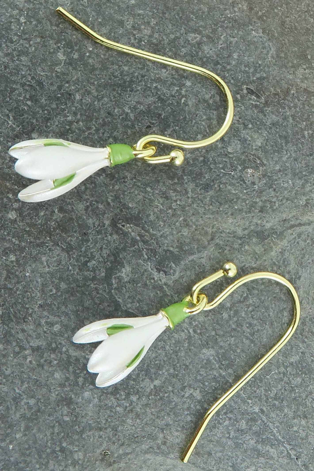 Alexander Thurlow White Enamelled Snowdrop Flower Drop Hook Earrings