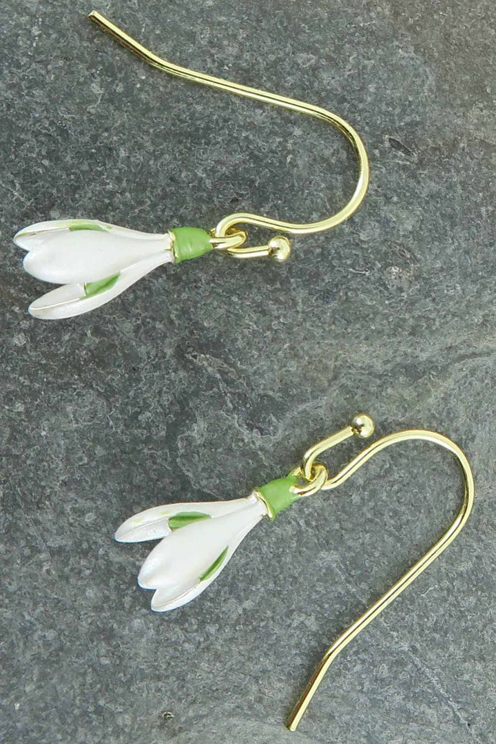 Alexander Thurlow White Enamelled Snowdrop Flower Drop Hook Earrings