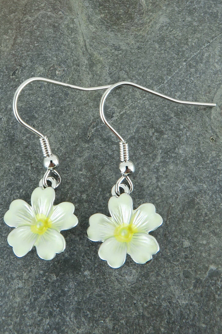 Alexander Thurlow Yellow Enamelled Primrose Flower Rhodium Plated Drop Hook Earrings