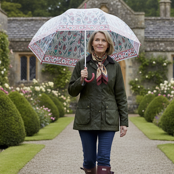 Woman holding a patterned umbrella in a garden setting