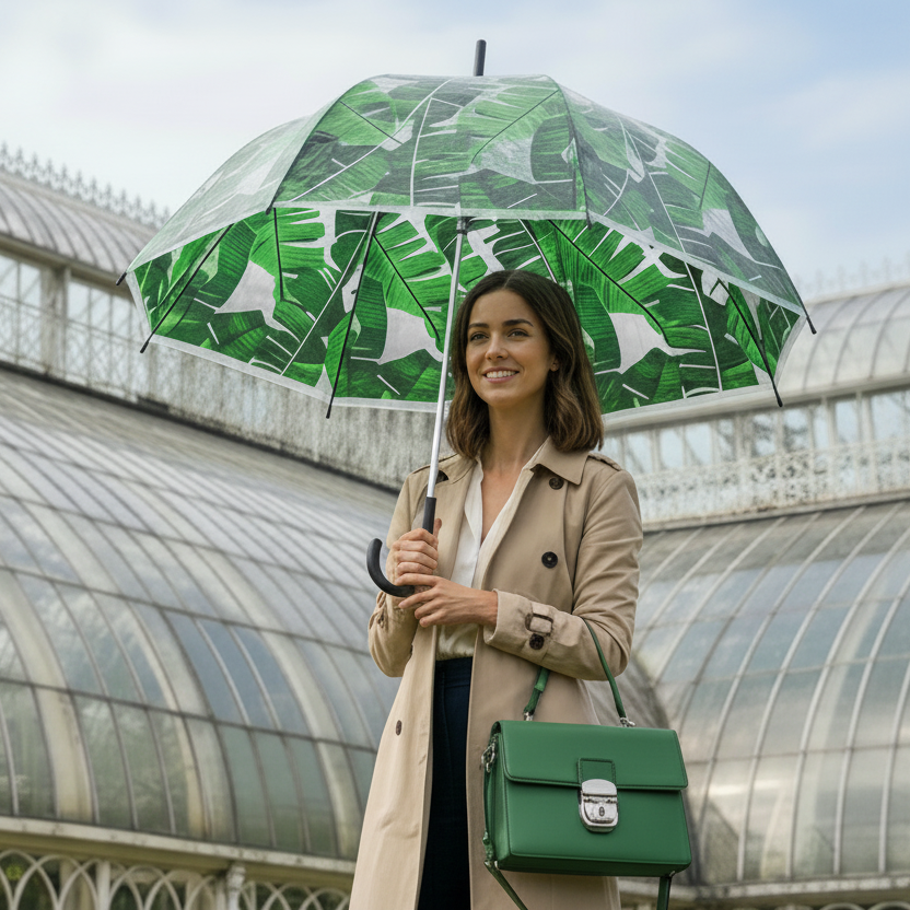 Woman holding a green umbrella and carrying a matching green handbag in front of a glasshouse.
