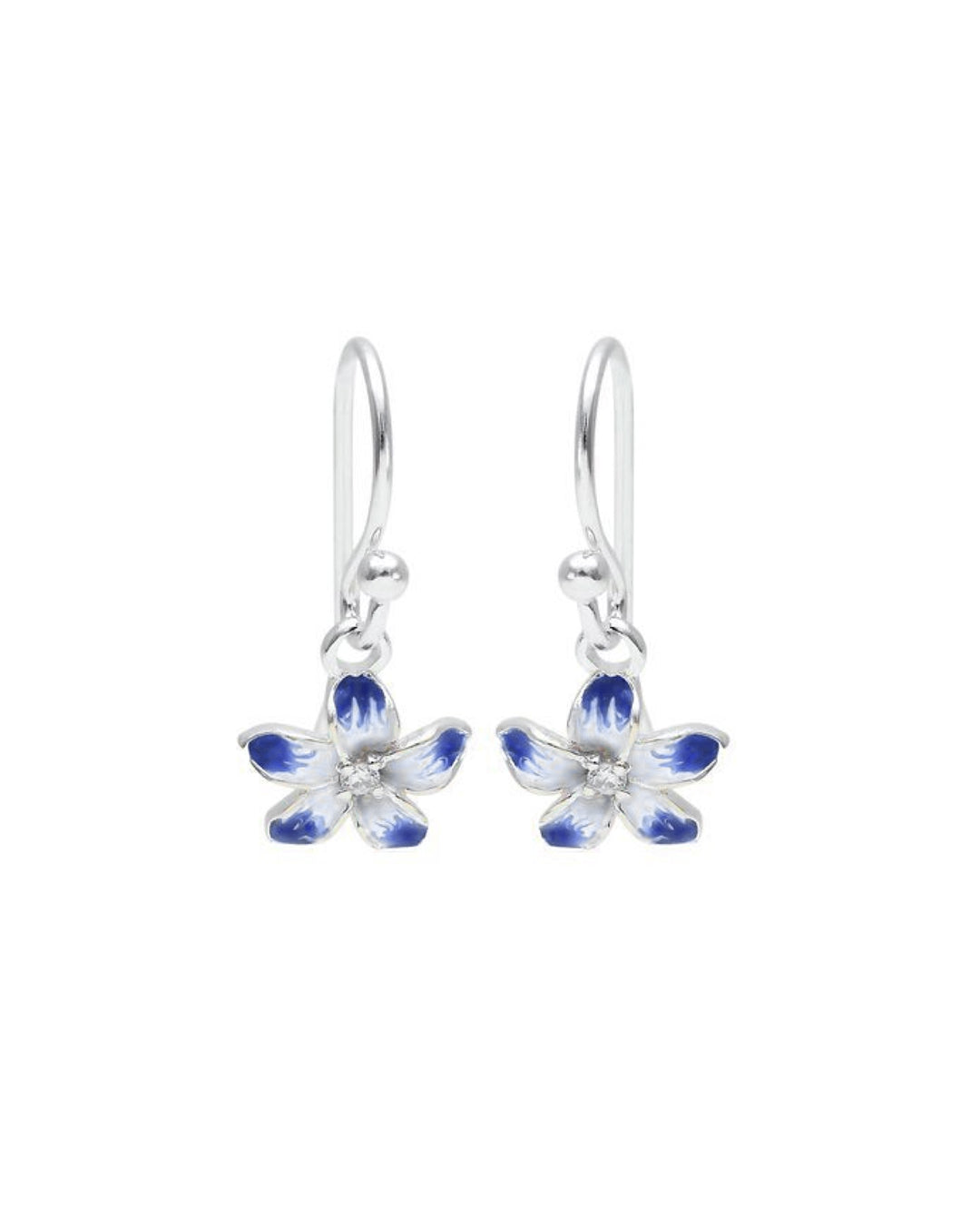 Flower-shaped earrings with blue and clear stones on a white background