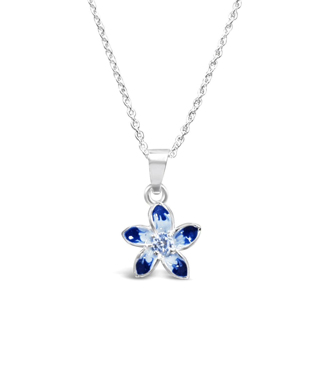 Flower-shaped pendant with blue gemstones on a white background