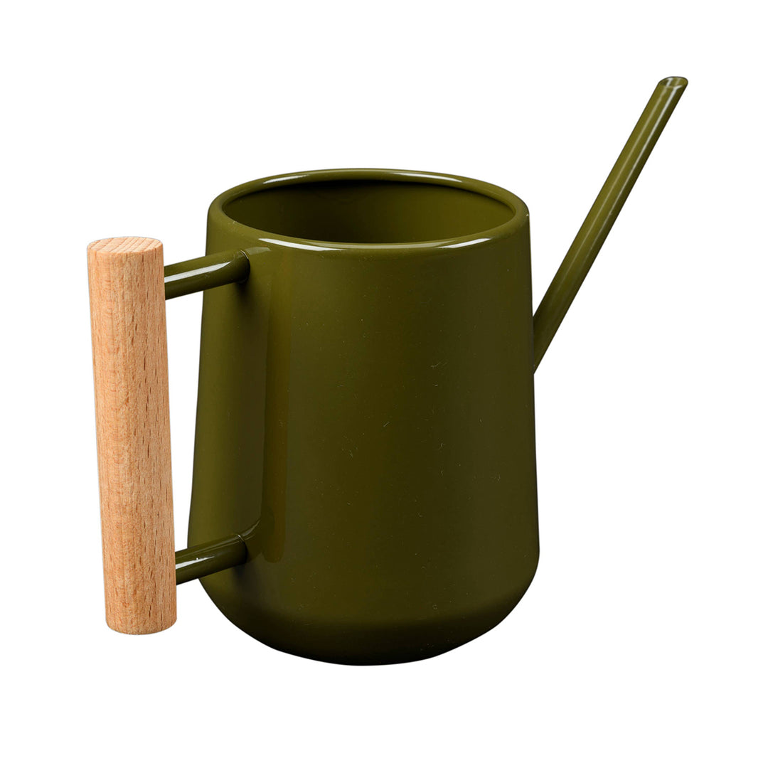 Green watering can with wooden handle on a white background