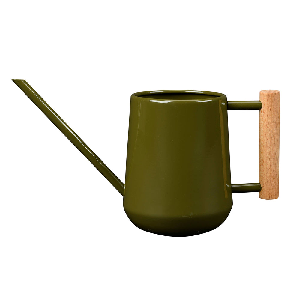 Green watering can with a wooden handle on a white background