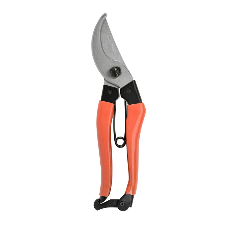 Gardening shears with orange handles on a white background