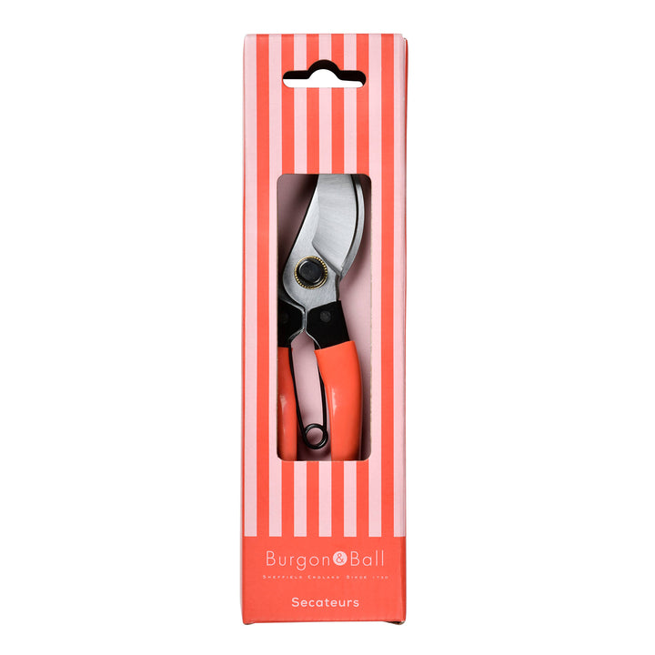Gardening shears in a Burgon & Ball packaging box with red and white striped design.