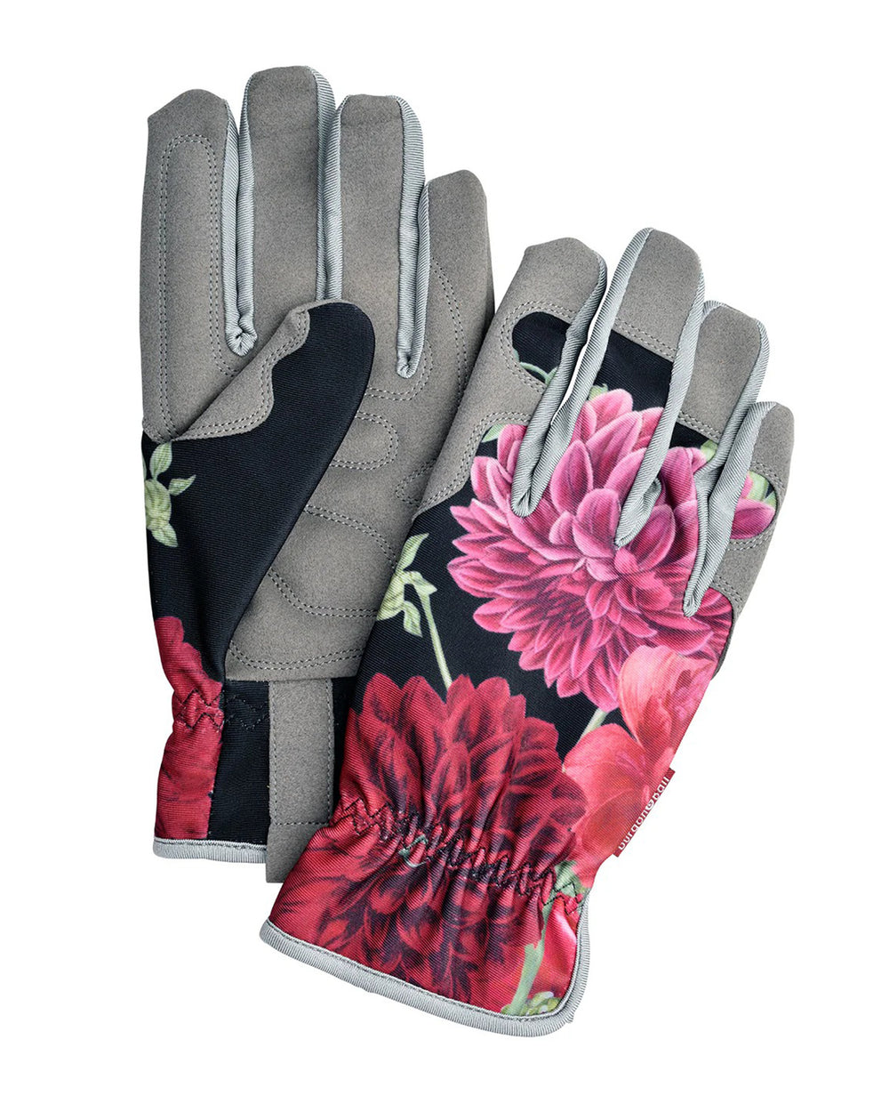 Pair of gardening gloves with floral design on a white background