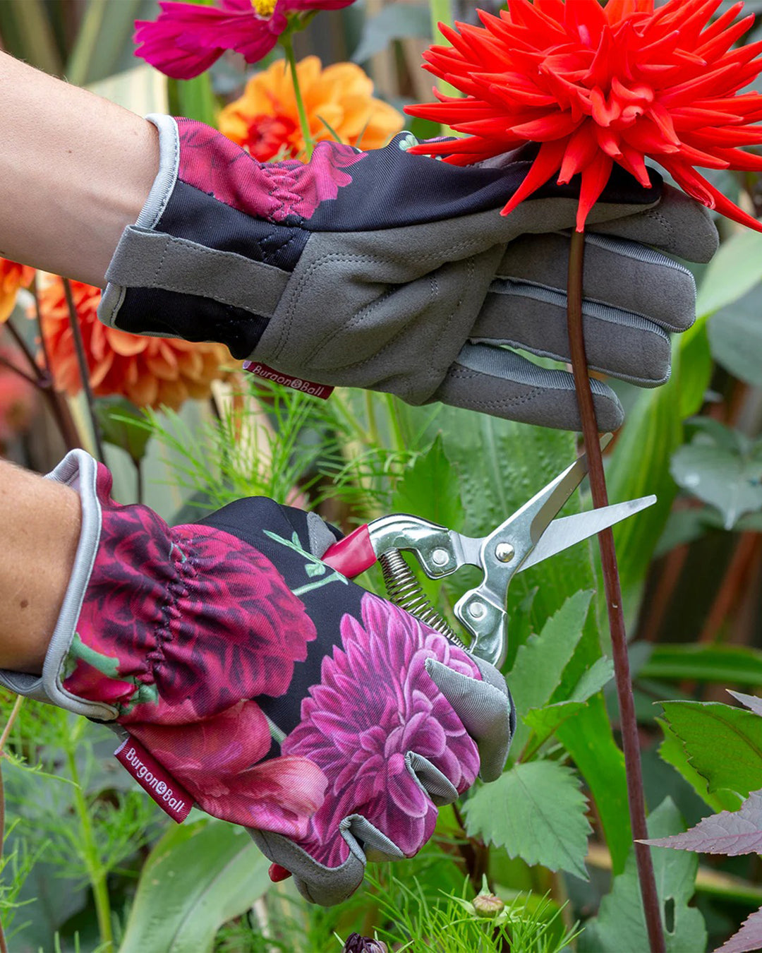 Person wearing gardening gloves with floral design holding garden shears, surrounded by colorful flowers.