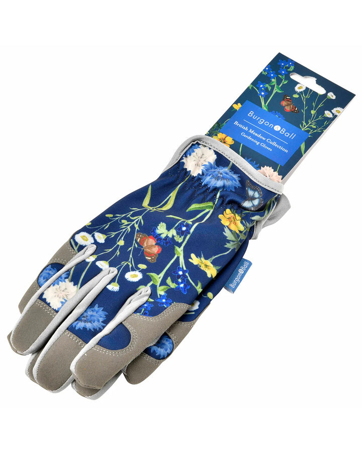 Gardening gloves with floral pattern and Bergen Botel packaging on a white background