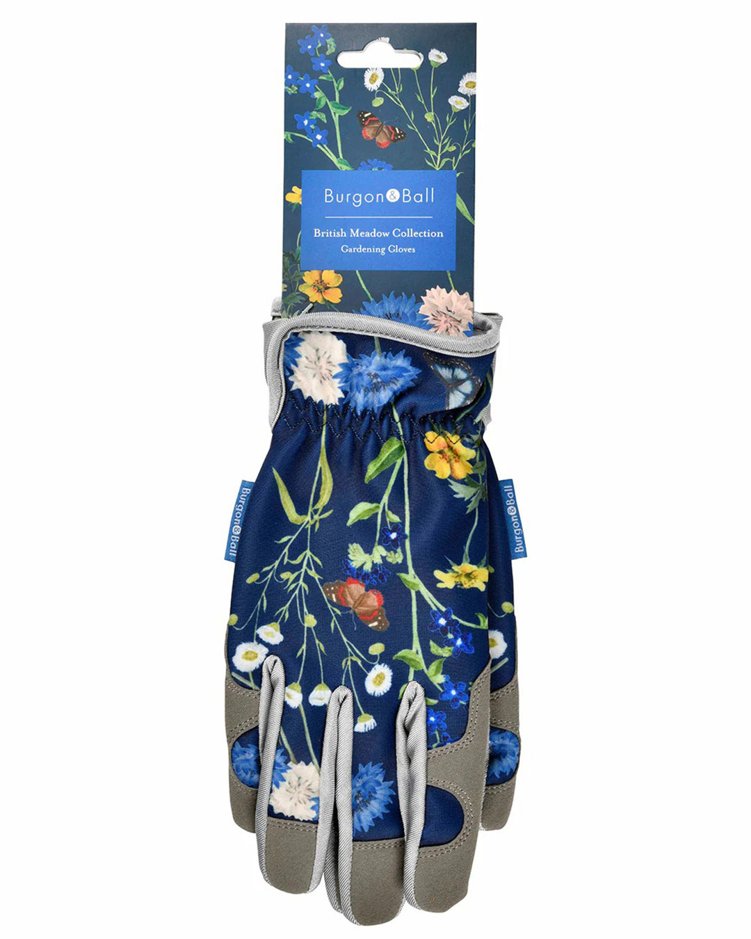 Floral-patterned gardening gloves with packaging on a white background