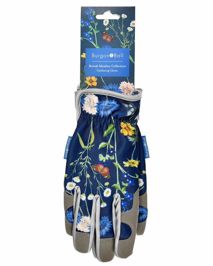 Floral-patterned gardening gloves with packaging on a white background