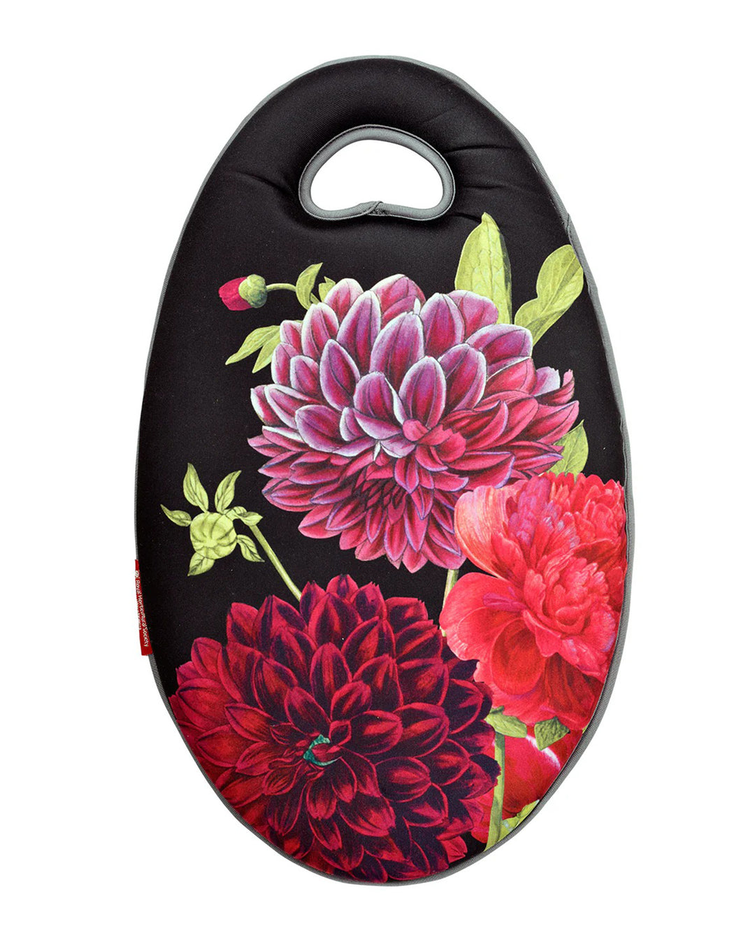 Black oval-shaped bottle opener with floral designs on a white background