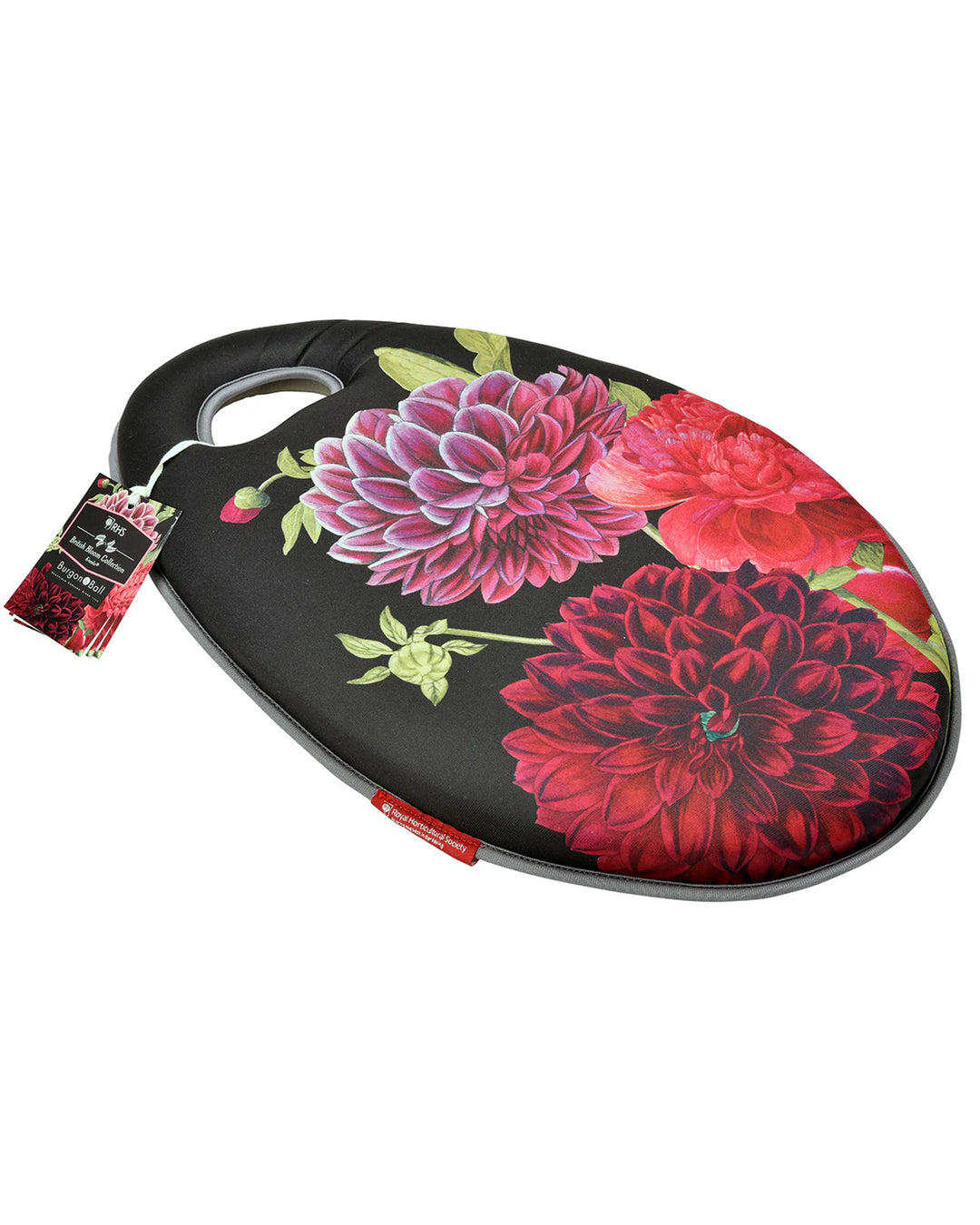 Floral-patterned cutting board with a tag on a white background