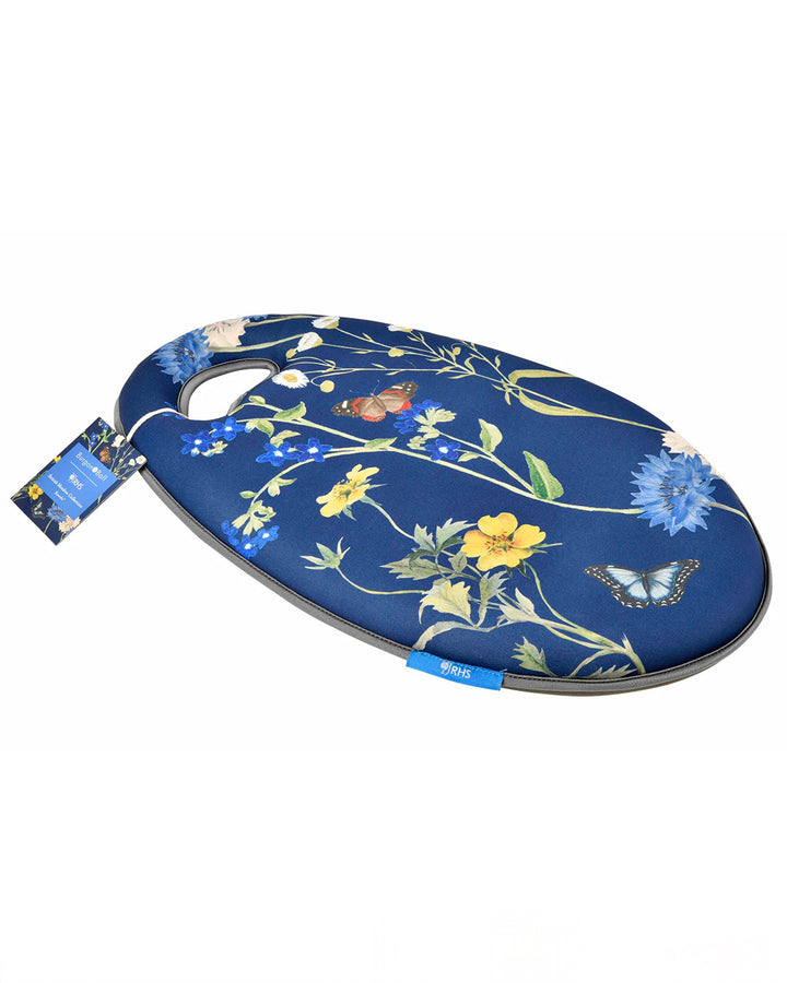 Floral-patterned seat cover with a blue background on a white background
