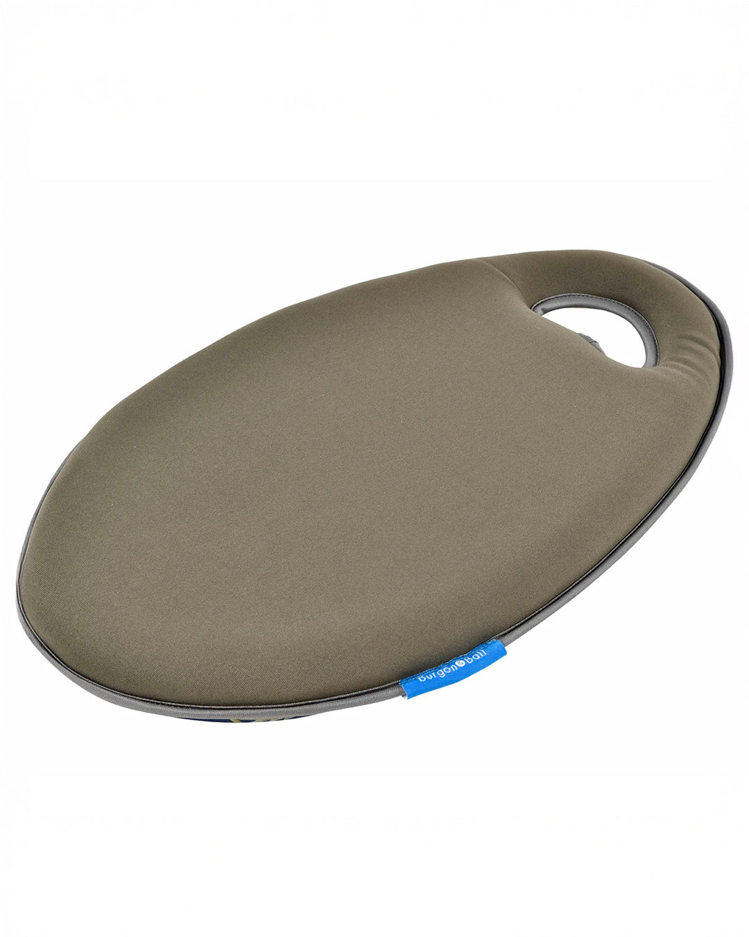 Brown leather ottoman with a blue label on a white background