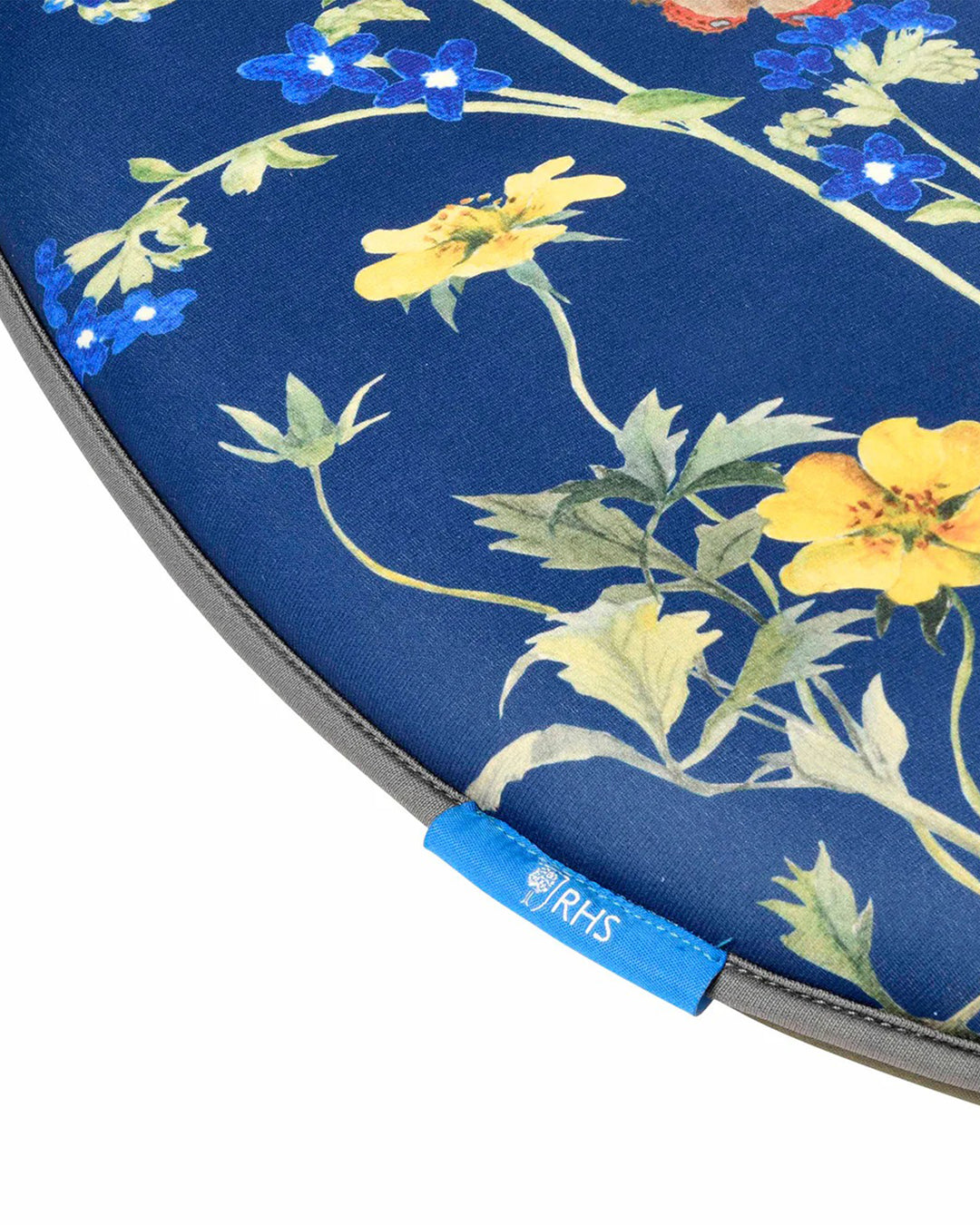 Floral-patterned product with a blue background and RHS logo.